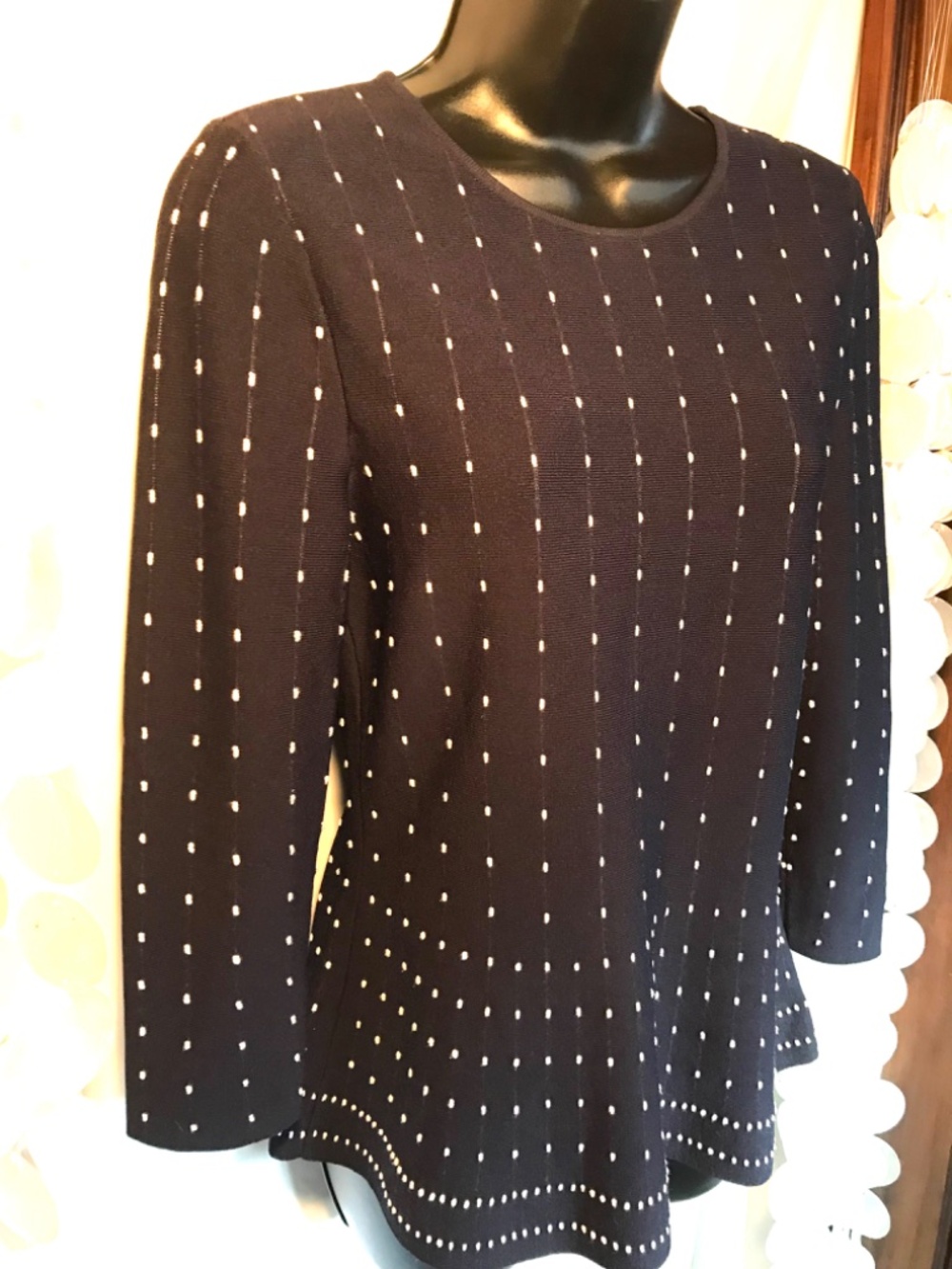Talbots Women’s Blouse Stretch Long Sleeve Navy Blue White Size Small